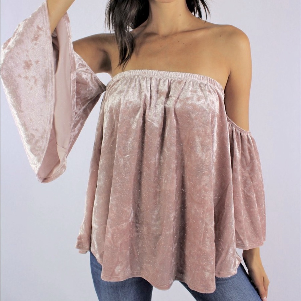 Velvet Flowy Off the Shoulder Sparkly Pink Blouse